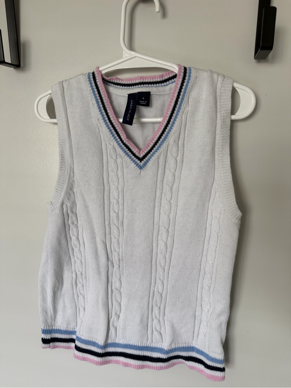 Janie and Jack Cable Knit V-Neck Sweater Vest with Pink & Blue Trim
